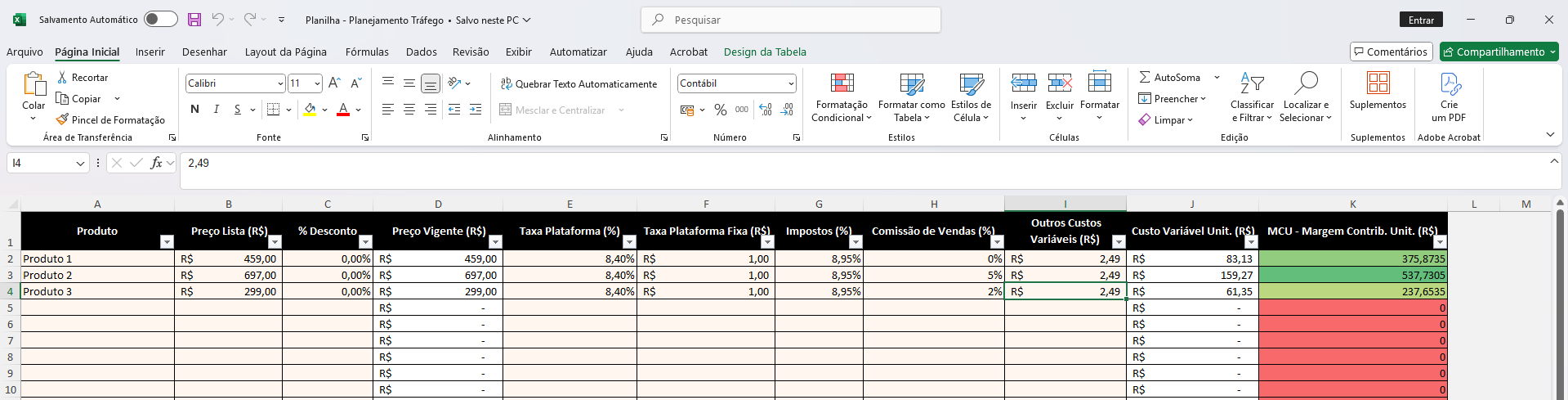 Preview da Planilha de Tráfego - Tela 1