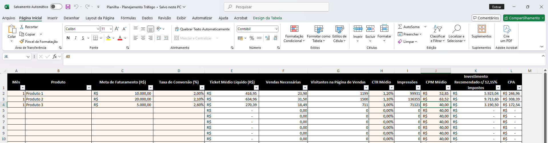 Preview da Planilha de Tráfego - Tela 2